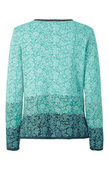 Langärmliges Oberteil in Hell- und Dunkeltürkis mit floralem Muster, Rundhalsausschnitt, gerade geschnitten, Rückansicht