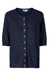 Dunkelblauer Strickcardigan, kurzärmelig, durchgehend mit silberfarbenen Knöpfen, feines Rippenmuster, Rundhalsausschnitt, gerade geschnitten