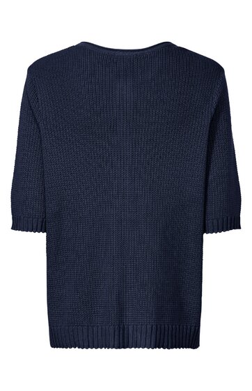 Dunkelblauer Strickpullover ohne Muster, rundhalsausschnitt, halblange Ärmel, gerade geschnittener Rücken, geripptes Bündchen unten, schlichtes Design