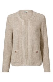 Beige Cardigan mit geripptem Strickmuster, längere form, rundhalsausschnitt, offene Vorderseite ohne Verschluss, zwei aufgesetzte Taschen mit Knöpfen, lange Ärmel