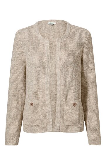 Beige Cardigan mit geripptem Strickmuster, längere form, rundhalsausschnitt, offene Vorderseite ohne Verschluss, zwei aufgesetzte Taschen mit Knöpfen, lange Ärmel