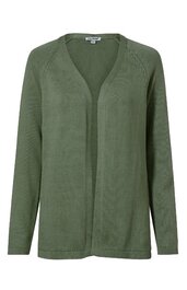Offene Strickjacke in olivgrün, langärmlig, ohne Verschluss, gerader Schnitt, Rundhalsausschnitt, keine sichtbaren Muster oder Verzierungen