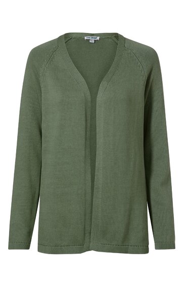 Offene Strickjacke in olivgrün, langärmlig, ohne Verschluss, gerader Schnitt, Rundhalsausschnitt, keine sichtbaren Muster oder Verzierungen