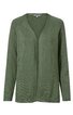 Offene Strickjacke in olivgrün, langärmlig, ohne Verschluss, gerader Schnitt, Rundhalsausschnitt, keine sichtbaren Muster oder Verzierungen