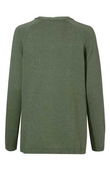 Olivegrüner Pullover ohne Muster, gerader Schnitt, lange Ärmel, Rundhalsausschnitt, Rückansicht