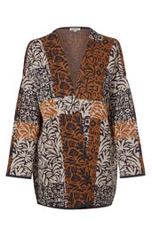 Tunika in Beige, Dunkelbraun und Rostbraun, mit großflächigem Blatt- und geometrischem Muster, V-Ausschnitt mit Druckknöpfen, lange weite Ärmel, gerade geschnitten