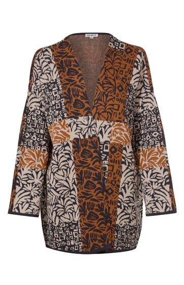 Tunika in Beige, Dunkelbraun und Rostbraun, mit großflächigem Blatt- und geometrischem Muster, V-Ausschnitt mit Druckknöpfen, lange weite Ärmel, gerade geschnitten