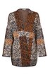 Tunika in Beige, Dunkelbraun und Rostbraun, mit großflächigem Blatt- und geometrischem Muster, V-Ausschnitt mit Druckknöpfen, lange weite Ärmel, gerade geschnitten