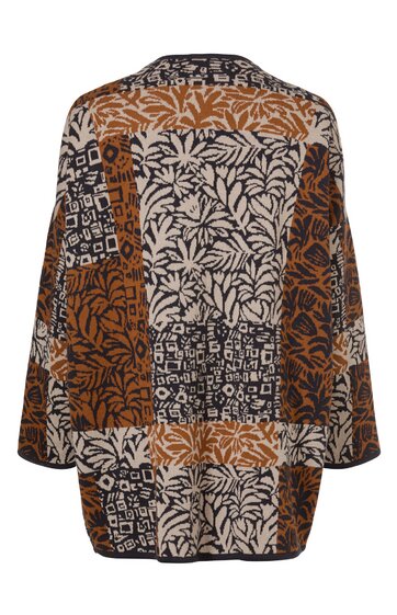 Locker geschnittene Jacke in Braun-, Hellbeige- und Schwarztönen mit gemischten Mustern aus floralen und geometrischen Formen, lange Ärmel, rundes Rückenteil ohne Kragen