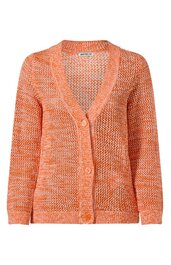 Orangener Grobstrick-Cardigan mit Muster in Weiß, V-Ausschnitt, lange Ärmel, drei große Knöpfe vorne, leicht kastig geschnitten