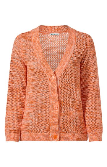 Orangener Grobstrick-Cardigan mit Muster in Weiß, V-Ausschnitt, lange Ärmel, drei große Knöpfe vorne, leicht kastig geschnitten