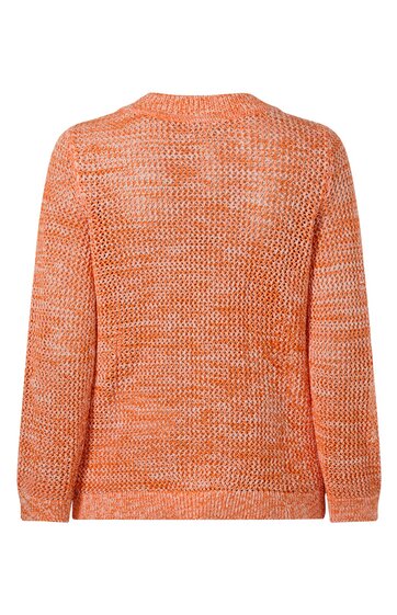 Pullover in melierter orange-beiger Farbe, grob gestrickt, Rundhalsausschnitt, lange Ärmel, gerade geschnitten, Rückansicht