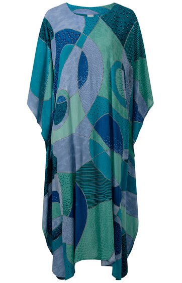 Kaftan in Blau- und Grüntönen mit abstraktem, geometrischem Muster, rundem Ausschnitt, weite Passform, lange weite Ärmel, knöchellang