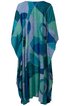 Weites langes Kleid in Blau- und Grüntönen mit abstraktem Muster, Rundhals, lange weite Ärmel, fließender Saum