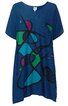 Damenkleid, dunkelblau mit abstraktem Muster in grün, türkis, lila und pink, kurzarm, V-Ausschnitt, locker geschnitten, knieumspielend