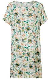 Weißes Kleid mit Blumenmuster in Gelb, Grün und Blau, kurzärmlig, rundem Ausschnitt, lockere Passform, knielang