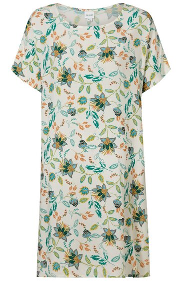 Weißes Kleid mit Blumenmuster in Gelb, Grün und Blau, kurzärmlig, rundem Ausschnitt, lockere Passform, knielang