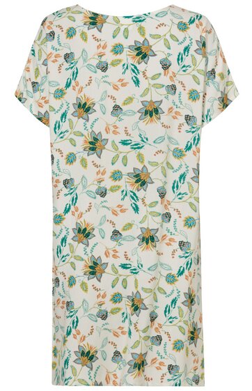Kleid, cremeweiß mit grün-gelbem Blumenmuster, rundhals, kurze Ärmel, gerade Form
