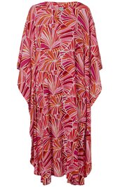 Langes Kleid in Pink und Rot mit abstraktem Fächermuster, Rundhalsausschnitt, weite Passform, kurze Flügelärmel, fallend, locker geschnitten