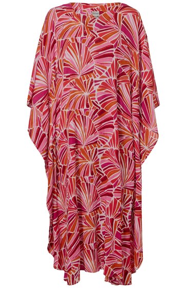 Langes Kleid in Pink und Rot mit abstraktem Fächermuster, Rundhalsausschnitt, weite Passform, kurze Flügelärmel, fallend, locker geschnitten