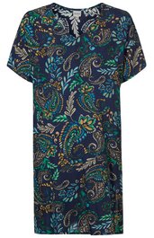 Kurzärmeliges, dunkelblaues Kleid mit Paisley-Muster in Grün, Blau, Gelb und Weiß, rundem Ausschnitt mit kleinem Schlitz, gerade Form