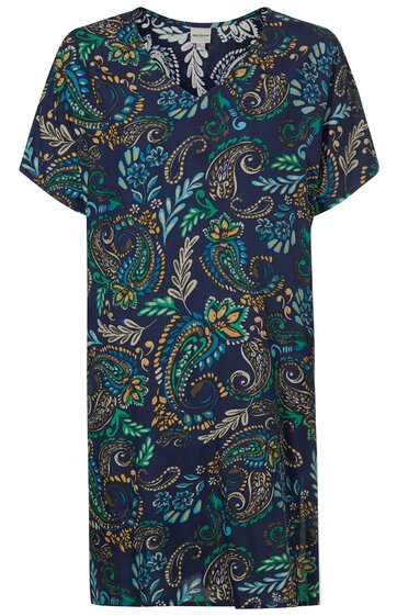 Kurzärmeliges, dunkelblaues Kleid mit Paisley-Muster in Grün, Blau, Gelb und Weiß, rundem Ausschnitt mit kleinem Schlitz, gerade Form