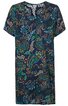 Kurzärmeliges, dunkelblaues Kleid mit Paisley-Muster in Grün, Blau, Gelb und Weiß, rundem Ausschnitt mit kleinem Schlitz, gerade Form