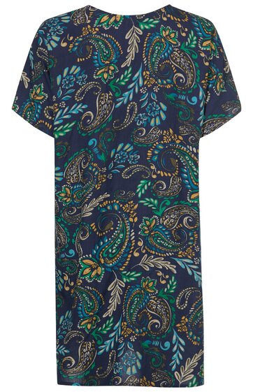 Dunkelblaues Kleid mit Paisley-Muster in Grün, Türkis und Beige, kurze Ärmel, Rundhalsausschnitt, gerade geschnitten