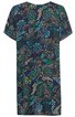 Dunkelblaues Kleid mit Paisley-Muster in Grün, Türkis und Beige, kurze Ärmel, Rundhalsausschnitt, gerade geschnitten