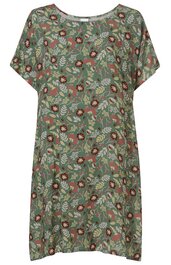 Locker geschnittenes Kleid in mattem olivgrün mit buntem Blumenmuster, rundem Ausschnitt, kurzen überschnittenen Ärmeln, knielang