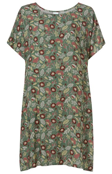 Locker geschnittenes Kleid in mattem olivgrün mit buntem Blumenmuster, rundem Ausschnitt, kurzen überschnittenen Ärmeln, knielang