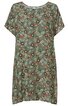 Locker geschnittenes Kleid in mattem olivgrün mit buntem Blumenmuster, rundem Ausschnitt, kurzen überschnittenen Ärmeln, knielang