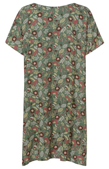 Kurzärmeliges Kleid in dunklem Olivgrün mit floralem Muster in Rot, Beige und Hellgrün, rundem Ausschnitt, gerade geschnitten