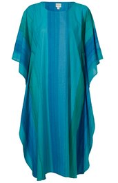 Kaftan, türkis mit dunkeltürkisen vertikalen Streifen, rundhalsausschnitt, weite kurze Ärmel, knielang, lockere Passform