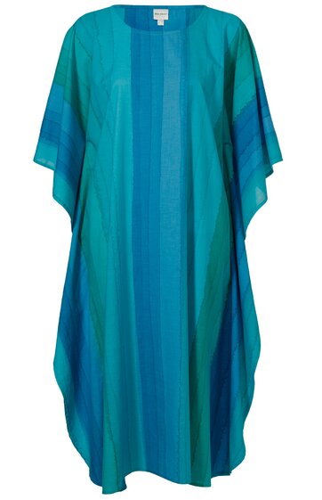 Kaftan, türkis mit dunkeltürkisen vertikalen Streifen, rundhalsausschnitt, weite kurze Ärmel, knielang, lockere Passform