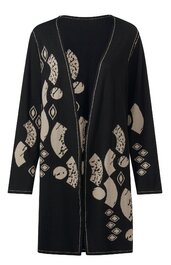 Schwarzer langer Cardigan mit beigem abstraktem Muster, offene Vorderseite ohne Knöpfe, lange Ärmel, gerade geschnitten, kontrastierende helle Nahtlinien entlang der Kanten