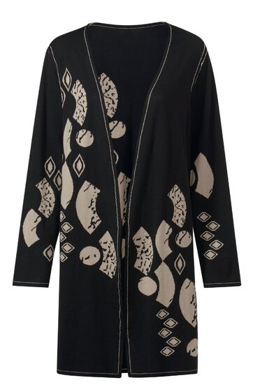 Schwarzer langer Cardigan mit beigem abstraktem Muster, offene Vorderseite ohne Knöpfe, lange Ärmel, gerade geschnitten, kontrastierende helle Nahtlinien entlang der Kanten