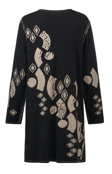 Schwarzes Langarmkleid mit asymmetrischem beigem abstraktem Muster, Rundhalsausschnitt, gerade geschnitten, knielang