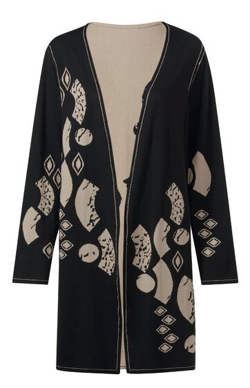 Schwarzer langer Cardigan mit beigem abstraktem Muster, offene Vorderseite ohne Knöpfe, lange Ärmel, gerade geschnitten, kontrastierende helle Nahtlinien entlang der Kanten