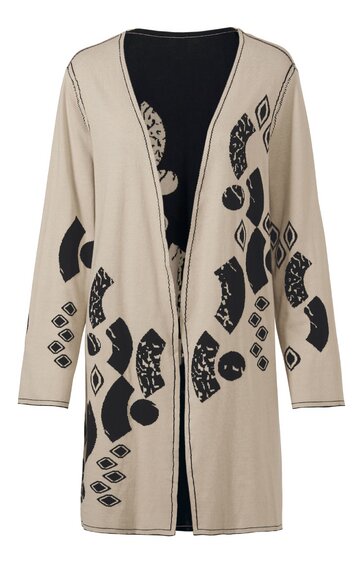 Langärmeliger beiger Cardigan mit schwarzem abstraktem Muster, offen geschnitten, knieumspielende Länge, keine Verschlüsse, gerader Schnitt