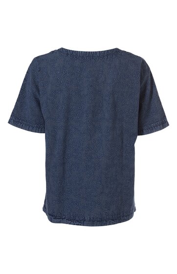 Dunkelblaues T-Shirt ohne Muster, Rundhalsausschnitt, kurze Ärmel, gerade geschnitten, von hinten sichtbar