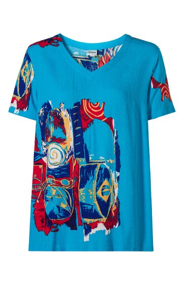 Türkisblaues T-Shirt mit abstraktem mehrfarbigem Muster in Rot, Blau, Gelb, Rundhalsausschnitt, kurze Ärmel, lockere Passform