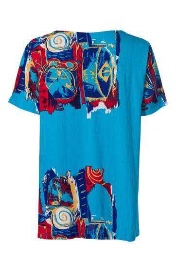 Türkisblaues T-Shirt mit buntem abstraktem Muster in Rot, Blau, Gelb, Weiß, kurzer Ärmeln, Rundhalsausschnitt, lockere Passform