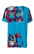 Türkisblaues T-Shirt mit buntem abstraktem Muster in Rot, Blau, Gelb, Weiß, kurzer Ärmeln, Rundhalsausschnitt, lockere Passform