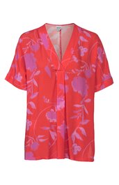 Rote Bluse mit lila floralem Muster, V-Ausschnitt, kurze Flügelärmel, locker geschnitten