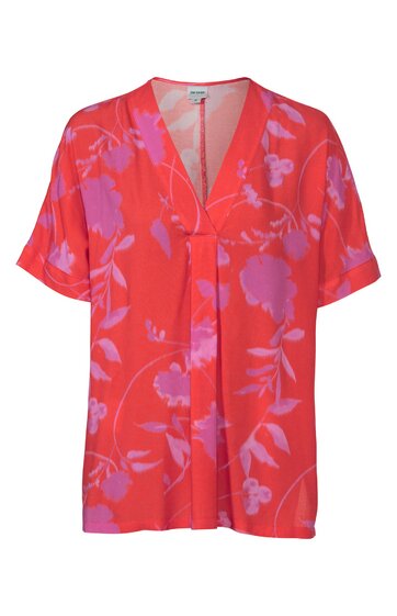 Rote Bluse mit lila floralem Muster, V-Ausschnitt, kurze Flügelärmel, locker geschnitten