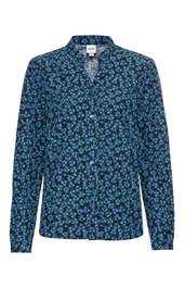 Bluse in Schwarz mit kleinem blauem Blumenmuster, langer Ärmel, klassischer Kragen, durchgehende Knopfleiste vorne, gerade geschnitten
