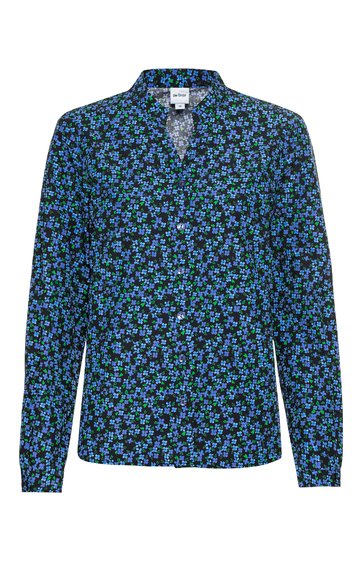 Bluse in Schwarz mit kleinem blauem Blumenmuster, langer Ärmel, klassischer Kragen, durchgehende Knopfleiste vorne, gerade geschnitten