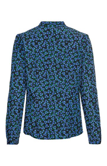 Dunkelblaue Bluse mit kleinem floralen Muster in Hellblau, langer Arm, Stehkragen, gerade geschnitten, keine sichtbaren Verschlüsse auf der Rückseite