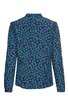 Dunkelblaue Bluse mit kleinem floralen Muster in Hellblau, langer Arm, Stehkragen, gerade geschnitten, keine sichtbaren Verschlüsse auf der Rückseite